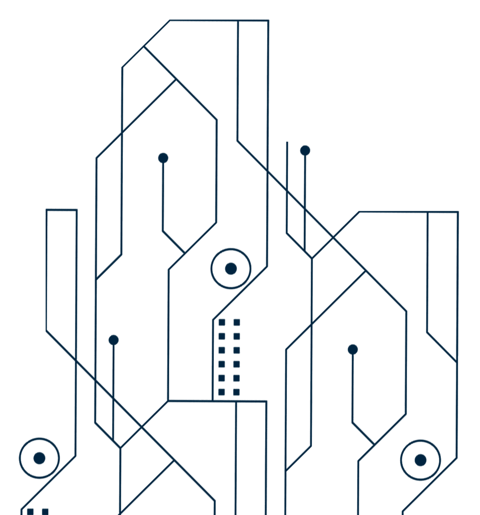 Schaltkreisartiges, geometrisches Linienmuster in Dunkelblau auf grünem Hintergrund mit punktförmigen Knoten und Zusatz iat-service
