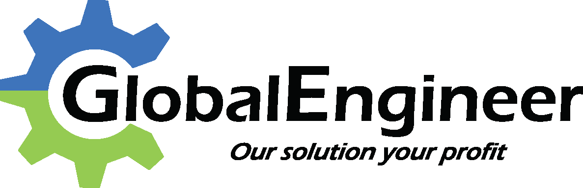 Logo mit blau-grünem Zahnrad und Schriftzug "GlobalEngineer" sowie Slogan "Our solution your profit"