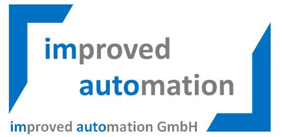 Logo mit blau-grauem Schriftzug "improved automation" und kleinem Zusatz "improved automation GmbH" sowie blauen Eckrahmenakzenten.